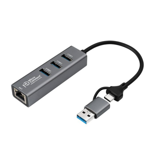MicroConnect USB 3.2 Gen 1 Hub 4 porter med Ethernet og USB C & A kontakter 1 Stykk SEN W128609511