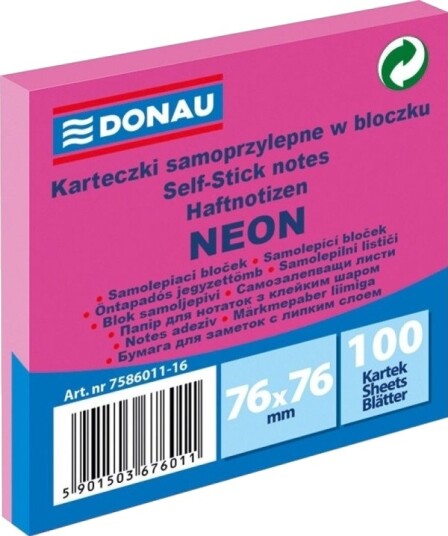 Donau Blokkskifter Selvklebende 76X76 Mm 100 Stk Neon Rosa 7586011 16