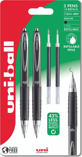 Uni-Ball Signo 207 Fine 2Stk Sorte Rollerpenne+ 2Stk Refills. Med Behageligt Gummigreb, Stregbredde 0,5Mm Uni-Ball Signo 207 Fine 2Stk Sorte Rollerpenne+ 2Stk Refills. Med Behageligt Gummigreb, Stregbredde 0,5Mm