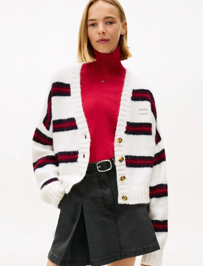 Tommy Jeans Tjw Badge Stripe Fluff Cardi Ext - White - L Tommy Jeans Tjw Badge Stripe Fluff Cardi Ext - White - L