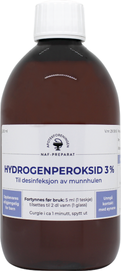 NAF Hydrogenperoksid 3 % konsentrat til gurglevann 500 ml NAF Hydrogenperoksid 3 % konsentrat til gurglevann 500 ml