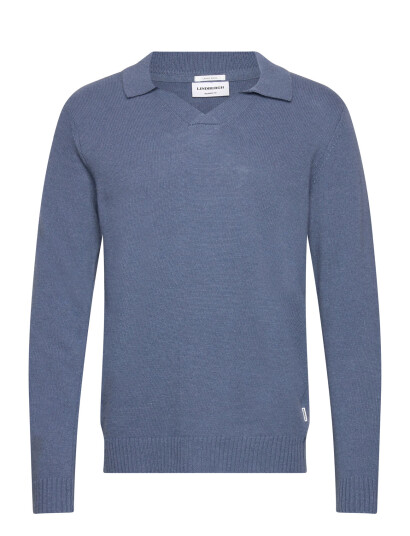Lindbergh Lambswool L/S V-Neck Polo - Blue - S Lindbergh Lambswool L/S V-Neck Polo - Blue - S