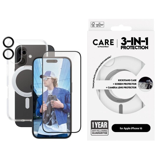 CARE by PanzerGlass 3-i-1 Keramikkpakke for iPhone 16 Gjennomsiktig Beskyttelse CARE by PanzerGlass 3-i-1 Keramikkpakke for iPhone 16 Gjennomsiktig Beskyttelse