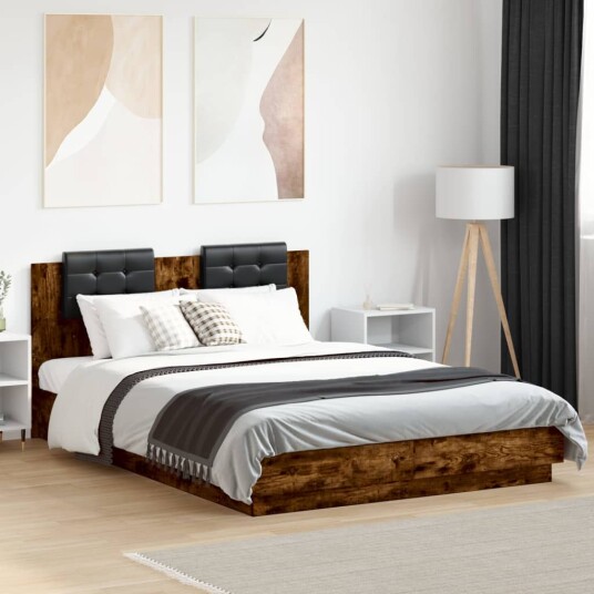 Sengeramme med hodegavl og LED-lys røkt eik 120x200 cm 8721012277564