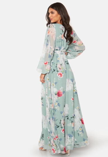 Goddiva Floral Long Sleeve Chiffon Maxi Dress Green S (UK10)