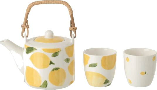 J Line S/3 Teapot+Cups Lem Ceram Wh/Yell   White   H16CM