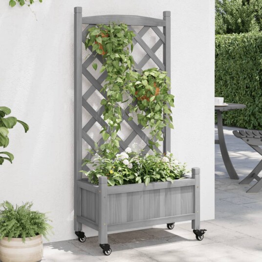  Plantekasse med espalier og hjul grå heltre gran