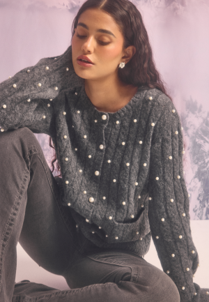 BUBBLEROOM Beaded Knitted Cardigan Dark grey melange M BUBBLEROOM Beaded Knitted Cardigan Dark grey melange M