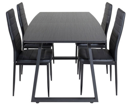 IncaBLBL spisegruppe spisebord uttrekksbord lengde cm 160 / 200 svart og 4 Slim High Back spisestuestoler PU kunstskinn svart.