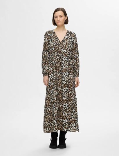 Selected Slfsalli-Damina Ls Aop Ankle Dress B - Brown - 40