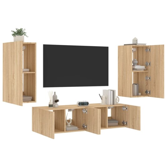 vidaXL Vegghengte TV-enheter med LED 4 deler sonoma eik konstruert tre 8721012472563