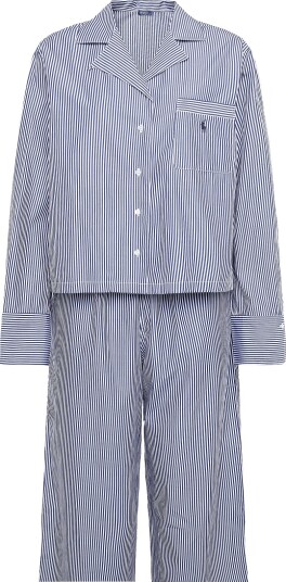 Polo Ralph Lauren Intimates Cotton Poplin Long Sleeve Pajama Set   Blue   M