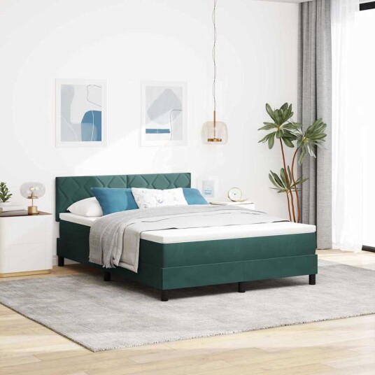  Box Spring Seng med Madrass & LED Mørkegrønn 140x200 cm Fløyel