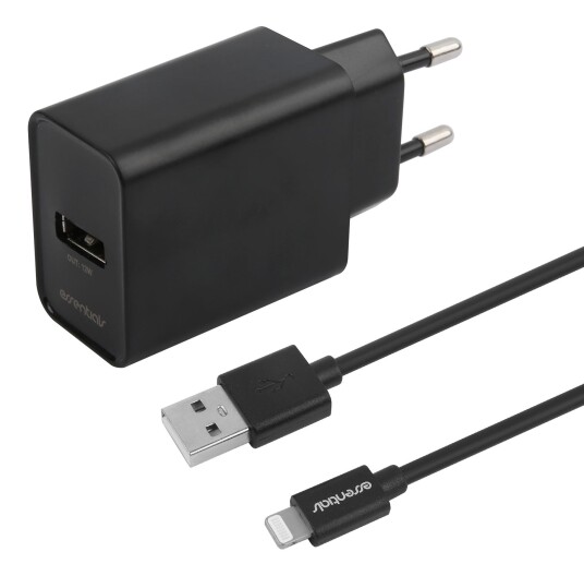Essentials 12W USB-Veggskriver med 1m Micro-USB Kabel - Svart Essentials 12W USB-Veggskriver med 1m Micro-USB Kabel - Svart