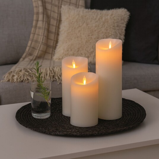 LED Blokklys XL 3 stk Ø10cm 17,5/22,5/30cm høy bevegelig flamme hvit   Inkl. fjernkontroll og timer ekte stearin