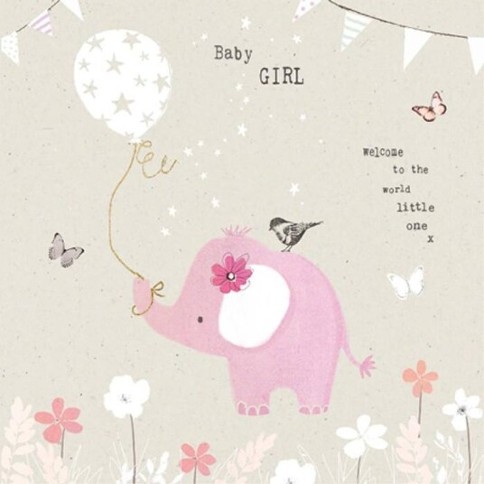 Baby girl velkommen til verden   kort m/elefant (15 x 15cm) (Onesize)