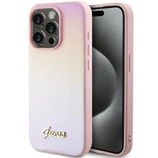 Guess Saffiano Iridescent Script Mobildeksel for iPhone 14 Pro Max Rosa