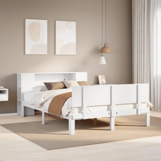  Seng med bokhylle uten madrass hvit 150x200 cm heltre furu 8721158614223