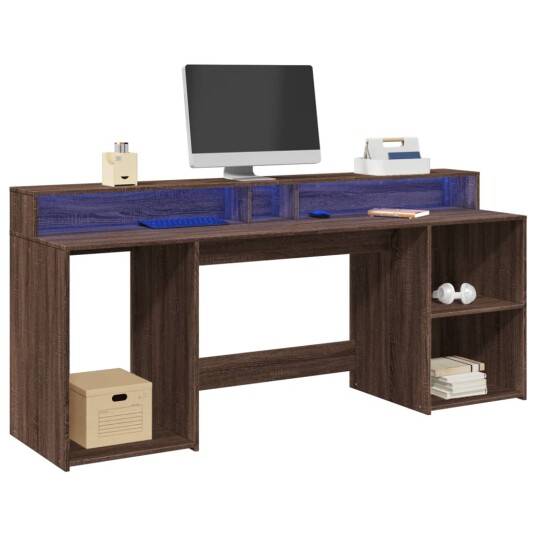 Skrivebord med LED-lys brun eik 200x55x91 cm konstruert tre