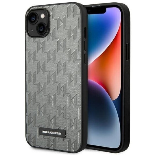 Karl Lagerfeld Saffiano Mono Metal Logo Mobildeksel til iPhone 14 Plus - Grå