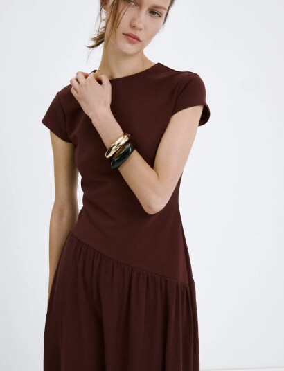 Mango Asymmetric Cut Short Sleeve Dress   Burgundy   XS