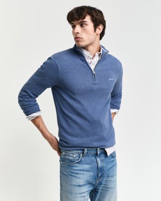 Gant Piquestrikket bomullsgenser med half-zip DENIM BLUE MELANGE XXXL