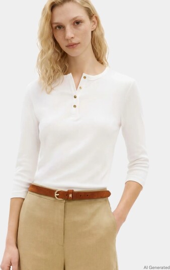 Tommy Hilfiger Gold Button Slim Henley 3/4 Cream XL