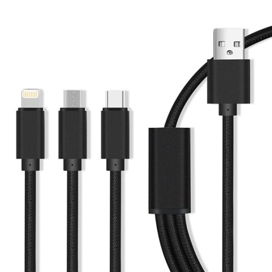 3-i-1 Hurtigladekabel USB-C, microUSB og Lightning 2.1A - 1M, Sort 3-i-1 Hurtigladekabel USB-C, microUSB og Lightning 2.1A - 1M, Sort