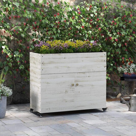 Høyseng i tre med skaprom urtebed med hjul plantekasse 110 x 50 x 95 cm blomsterkasse med fiberduk hvit for hage og balkong