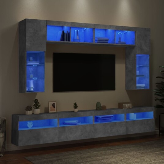 vidaXL Vegghengte TV-benker med LED 8 stk betonggrå 8721012471825