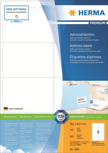 Herma Premium - Papir - Matt - Permanent Selv-Adhesiv - Hvit - 99.1 X 67.7 Mm 800 Etikett(Er) (100 Ark X 8) Laminerte Adresseetiketter