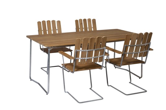 Grythyttan Stålmöbler B31 spisegruppe Teak/galvanisert stål 4 lenestoler & bord 170 x 92 cm