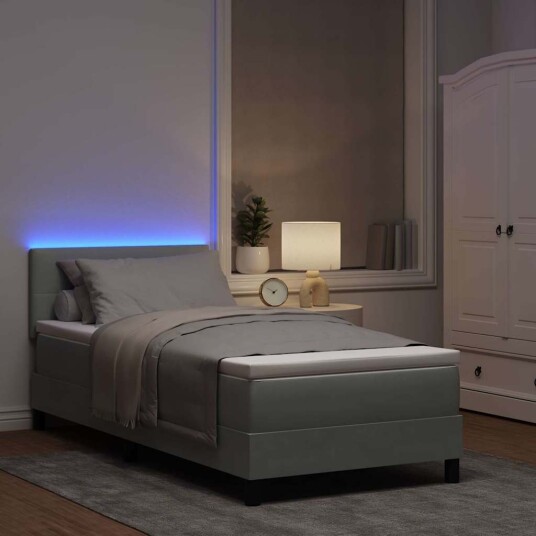 Box Spring Seng med Madrass & LED Lys Lys Grå 100x200 cm Fløyel