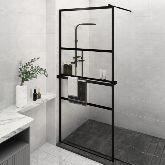 Dusjvegg med hylle svart 100x195 cm ESG-glass og aluminium Dusjvegg med hylle svart 100x195 cm ESG-glass og aluminium