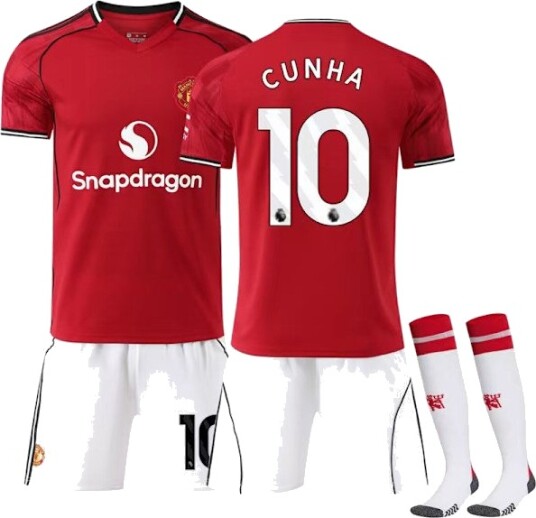 (YD)2025-2026 Manchester United Hjemmedrakt Barn Fotballsett No.10 Matheus Cunha (No. 10 trykt No.10 Cunha No.10 Cunha{ROG}