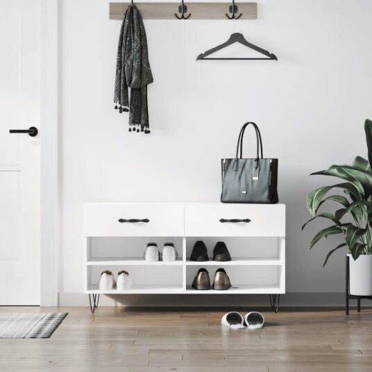 vidaXL Skobenk h?yglans hvit 102x35x55 cm konstruert tre