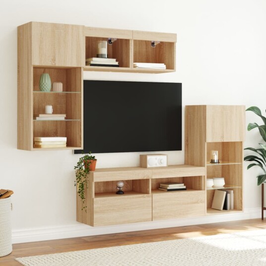 Vegghengte TV enheter med LED 5 deler sonoma eik konstruert tre Vegghengte TV enheter med LED 5 deler sonoma eik konstruert tre
