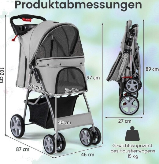 Northix Dyrevogn Med Nettingvinduer Og Koppholder Grå Opptil 15 kg
