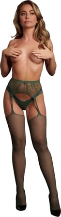 green Fishnet and Lace Garterbelt Stockings - One Size