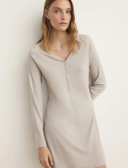 Mango Ribbed Knit Nightdress With Buttons Beige S