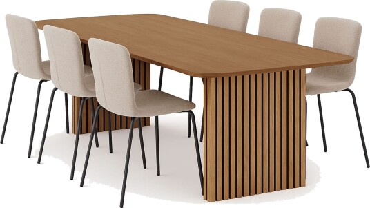 Richeto spisebord 240 cm med 6 Katy spisestoler - Naturlig finish / Greige bouclé / Metallben svart