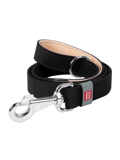 Waudog natural leather dog leash 20 mm wide 122 cm long Black
