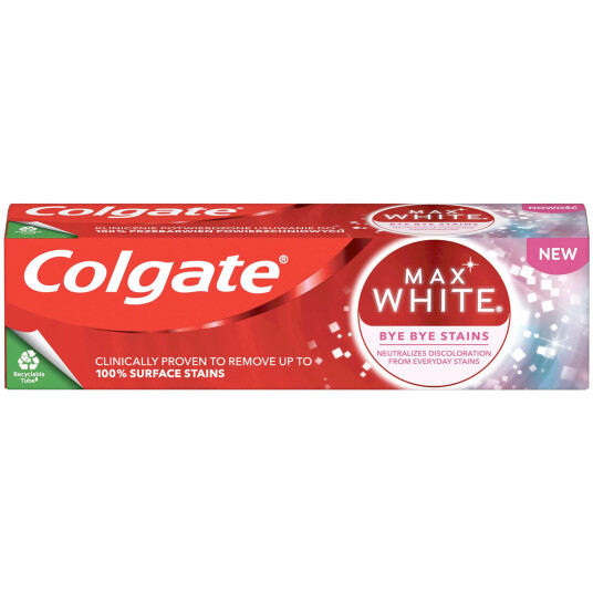 Colgate Whitening Tannkrem Max White Bye Bye Stains 75 ml. Colgate Whitening Tannkrem Max White Bye Bye Stains 75 ml.