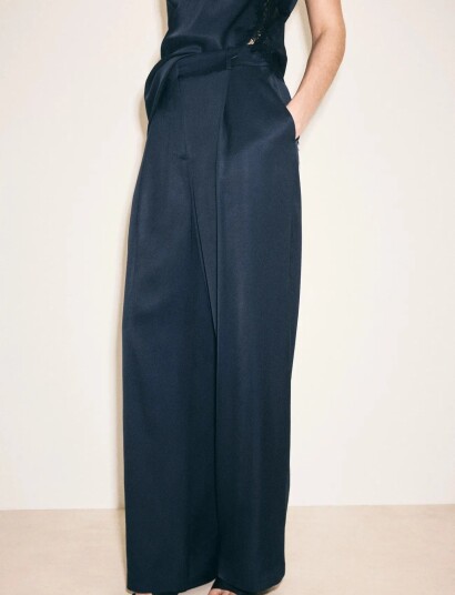 Mango Satin Straight Fit Trousers   Blue   L