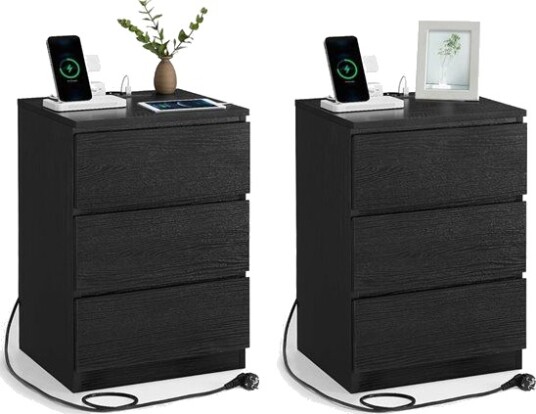2 nattbord med 3 skuffer strøm og USB kontakter Svart 2 nattbord med 3 skuffer strøm og USB kontakter Svart