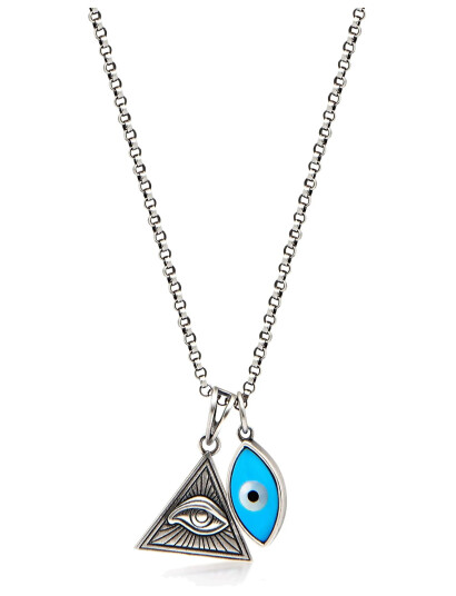 NIALAYA Men"s Silver Necklace With Turquoise Evil Eye And Eye Of Ra Pendant Silver 22" NIALAYA Men"s Silver Necklace With Turquoise Evil Eye And Eye Of Ra Pendant Silver 22"