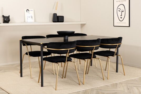 Venture Home Pelle Spisegruppe 190 cm Rektangulær med 6 Arrow Stoler Sort/Guld