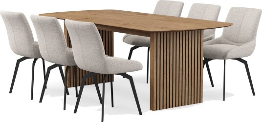 Richeto spisegruppe 210 cm med 6 Mora snurrestoler - Naturlig finish/mørkbeige