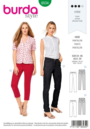 Burda 6534 - Bukse EUR: 34-46, US: 8-20