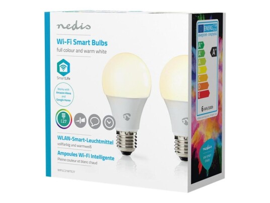 Nedis Wi-Fi Smart Led-Lyspære Form: A60 E27 6 W Ekvivalent 40 Klasse G Rgb/Varmhvitt/Hvitt Lys 2700 K En Pakke 2 Nedis Wi-Fi Smart Led-Lyspære Form: A60 E27 6 W Ekvivalent 40 Klasse G Rgb/Varmhvitt/Hvitt Lys 2700 K En Pakke 2